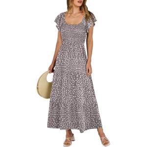 image:imageANRABESS Womens Casual Summer Maxi Dress Flutter Short Sleeve Scoop Neck Smocked A Line Flowy Beach Vacation Long DressesGrey Khaki White Dot