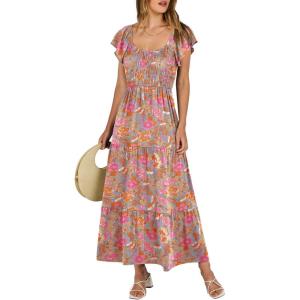 image:imageANRABESS Womens Casual Summer Maxi Dress Flutter Short Sleeve Scoop Neck Smocked A Line Flowy Beach Vacation Long DressesGreygreen Floral