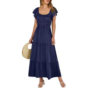 image:imageANRABESS Womens Casual Summer Maxi Dress Flutter Short Sleeve Scoop Neck Smocked A Line Flowy Beach Vacation Long DressesNavy Blue