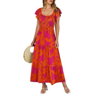 image:imageANRABESS Womens Casual Summer Maxi Dress Flutter Short Sleeve Scoop Neck Smocked A Line Flowy Beach Vacation Long DressesOrange Red Floral