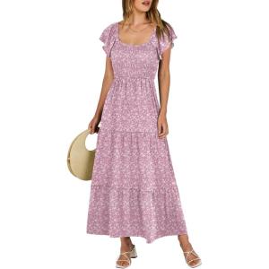 image:imageANRABESS Womens Casual Summer Maxi Dress Flutter Short Sleeve Scoop Neck Smocked A Line Flowy Beach Vacation Long DressesPink Floral