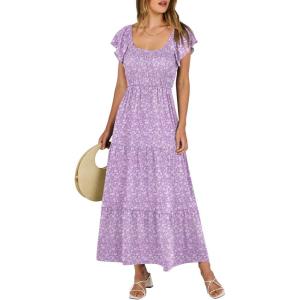 image:imageANRABESS Womens Casual Summer Maxi Dress Flutter Short Sleeve Scoop Neck Smocked A Line Flowy Beach Vacation Long DressesPurple Floral