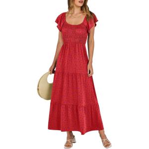 image:imageANRABESS Womens Casual Summer Maxi Dress Flutter Short Sleeve Scoop Neck Smocked A Line Flowy Beach Vacation Long DressesRed Floral