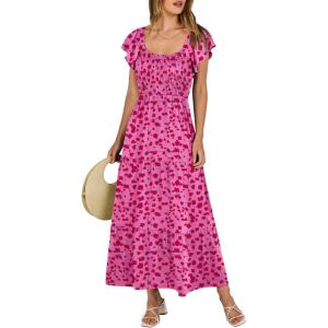 image:imageANRABESS Womens Casual Summer Maxi Dress Flutter Short Sleeve Scoop Neck Smocked A Line Flowy Beach Vacation Long DressesRose Red Floral