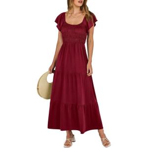 image:imageANRABESS Womens Casual Summer Maxi Dress Flutter Short Sleeve Scoop Neck Smocked A Line Flowy Beach Vacation Long DressesWine Red