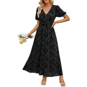 image:imageANRABESS Womens Floral Maxi Formal Dress Summer Mesh Short Sleeve V Neck Empire Waist Wedding Guest Party DressesBlack