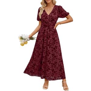 image:imageANRABESS Womens Floral Maxi Formal Dress Summer Mesh Short Sleeve V Neck Empire Waist Wedding Guest Party DressesBurgundy