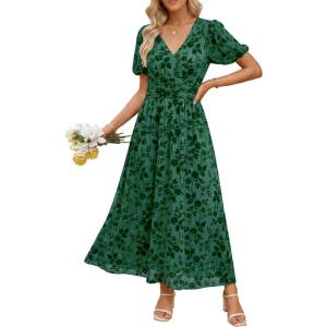 image:imageANRABESS Womens Floral Maxi Formal Dress Summer Mesh Short Sleeve V Neck Empire Waist Wedding Guest Party DressesDeep Green