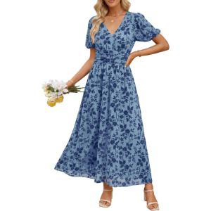 image:imageANRABESS Womens Floral Maxi Formal Dress Summer Mesh Short Sleeve V Neck Empire Waist Wedding Guest Party DressesDusty Blue