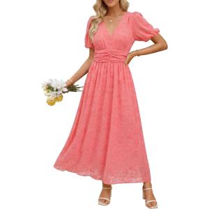 image:imageANRABESS Womens Floral Maxi Formal Dress Summer Mesh Short Sleeve V Neck Empire Waist Wedding Guest Party DressesPeach Pink