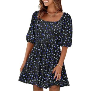 image:imageANRABESS Womens Lantern Short Sleeve Square Neck Casual Flowy Mini Dresses 2026 Holiday Summer Spring Beach Vacation ClothesBlue Floral