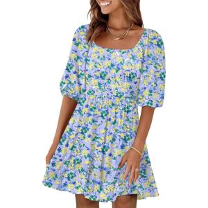 image:imageANRABESS Womens Lantern Short Sleeve Square Neck Casual Flowy Mini Dresses 2026 Holiday Summer Spring Beach Vacation ClothesBlue Yellow Floral