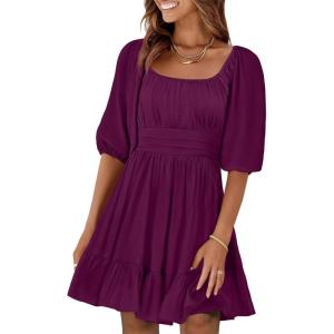 image:imageANRABESS Womens Lantern Short Sleeve Square Neck Casual Flowy Mini Dresses 2026 Holiday Summer Spring Beach Vacation ClothesDark Purple