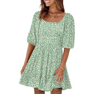 image:imageANRABESS Womens Lantern Short Sleeve Square Neck Casual Flowy Mini Dresses 2026 Holiday Summer Spring Beach Vacation ClothesWhite Brown Dot