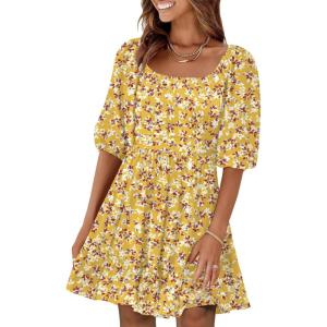 image:imageANRABESS Womens Lantern Short Sleeve Square Neck Casual Flowy Mini Dresses 2026 Holiday Summer Spring Beach Vacation ClothesYellow Red Floral
