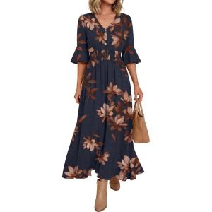 image:imageANRABESS Womens Maxi Dress 2026 Summer Boho Ruffle Sleeve V Neck A Line Elastic Waist Flowy Wedding Guest Party Long DressesFloral Navy Brown
