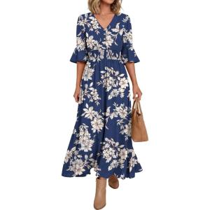 image:imageANRABESS Womens Maxi Dress 2026 Summer Boho Ruffle Sleeve V Neck A Line Elastic Waist Flowy Wedding Guest Party Long DressesFloral Navy White