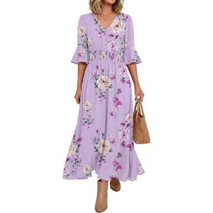 image:imageANRABESS Womens Maxi Dress 2026 Summer Boho Ruffle Sleeve V Neck A Line Elastic Waist Flowy Wedding Guest Party Long DressesFloral Purple