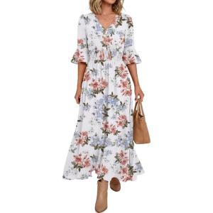 image:imageANRABESS Womens Maxi Dress 2026 Summer Boho Ruffle Sleeve V Neck A Line Elastic Waist Flowy Wedding Guest Party Long DressesFloral White