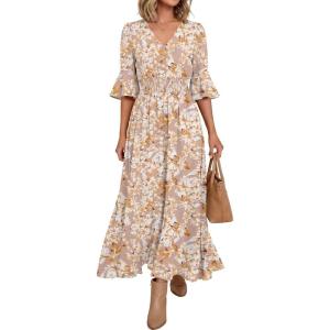 image:imageANRABESS Womens Maxi Dress 2026 Summer Boho Ruffle Sleeve V Neck A Line Elastic Waist Flowy Wedding Guest Party Long DressesFloral Yellow White