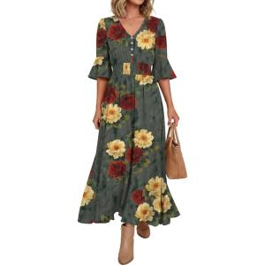 image:imageANRABESS Womens Maxi Dress 2026 Summer Boho Ruffle Sleeve V Neck A Line Elastic Waist Flowy Wedding Guest Party Long DressesRose Yellow Red