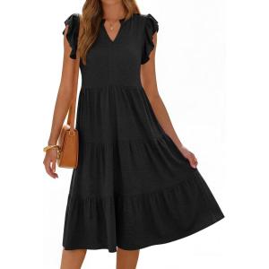 image:imageANRABESS Womens Summer Casual Dress V Neck Ruffle Sleeve Midi Dresses 2026 Trendy Flowy Tiered Boho Beach Vacation SundressBlack
