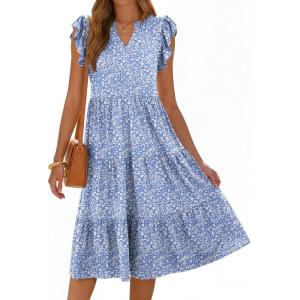 image:imageANRABESS Womens Summer Casual Dress V Neck Ruffle Sleeve Midi Dresses 2026 Trendy Flowy Tiered Boho Beach Vacation SundressBlue White Floral
