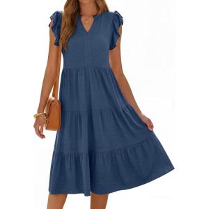 image:imageANRABESS Womens Summer Casual Dress V Neck Ruffle Sleeve Midi Dresses 2026 Trendy Flowy Tiered Boho Beach Vacation SundressDeep Blue