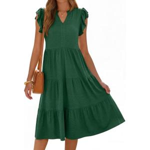 image:imageANRABESS Womens Summer Casual Dress V Neck Ruffle Sleeve Midi Dresses 2026 Trendy Flowy Tiered Boho Beach Vacation SundressForest Green