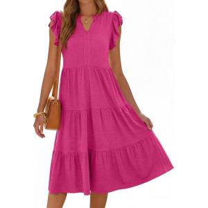 image:imageANRABESS Womens Summer Casual Dress V Neck Ruffle Sleeve Midi Dresses 2026 Trendy Flowy Tiered Boho Beach Vacation SundressHot Pink