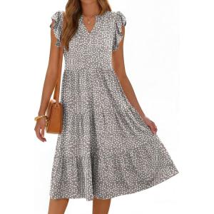 image:imageANRABESS Womens Summer Casual Dress V Neck Ruffle Sleeve Midi Dresses 2026 Trendy Flowy Tiered Boho Beach Vacation SundressKhaki Polka Dot