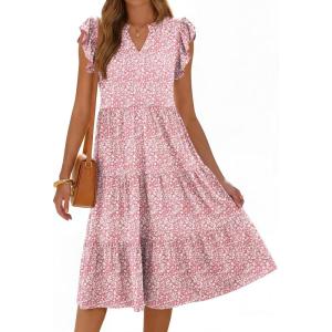 image:imageANRABESS Womens Summer Casual Dress V Neck Ruffle Sleeve Midi Dresses 2026 Trendy Flowy Tiered Boho Beach Vacation SundressPink Floral