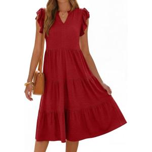 image:imageANRABESS Womens Summer Casual Dress V Neck Ruffle Sleeve Midi Dresses 2026 Trendy Flowy Tiered Boho Beach Vacation SundressRed