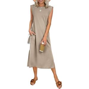 image:imageANRABESS Womens Summer Casual Midi Dress Sleeveless Crewneck Loose Split WrinkleFree Beach Travel Vacation Long SundressAlmond