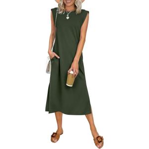 image:imageANRABESS Womens Summer Casual Midi Dress Sleeveless Crewneck Loose Split WrinkleFree Beach Travel Vacation Long SundressArmy Green