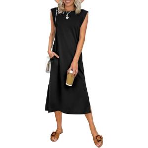 image:imageANRABESS Womens Summer Casual Midi Dress Sleeveless Crewneck Loose Split WrinkleFree Beach Travel Vacation Long SundressBlack