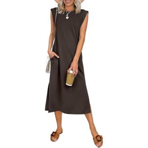 image:imageANRABESS Womens Summer Casual Midi Dress Sleeveless Crewneck Loose Split WrinkleFree Beach Travel Vacation Long SundressBrown