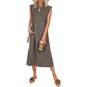 image:imageANRABESS Womens Summer Casual Midi Dress Sleeveless Crewneck Loose Split WrinkleFree Beach Travel Vacation Long SundressCoffee Grey