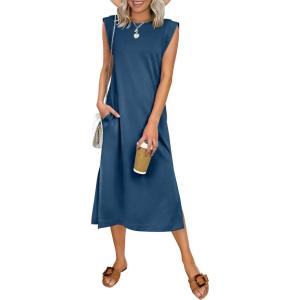 image:imageANRABESS Womens Summer Casual Midi Dress Sleeveless Crewneck Loose Split WrinkleFree Beach Travel Vacation Long SundressDeep Blue