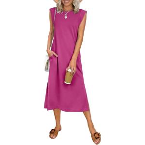 image:imageANRABESS Womens Summer Casual Midi Dress Sleeveless Crewneck Loose Split WrinkleFree Beach Travel Vacation Long SundressHot Pink