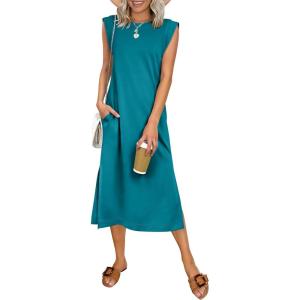 image:imageANRABESS Womens Summer Casual Midi Dress Sleeveless Crewneck Loose Split WrinkleFree Beach Travel Vacation Long SundressLake Blue