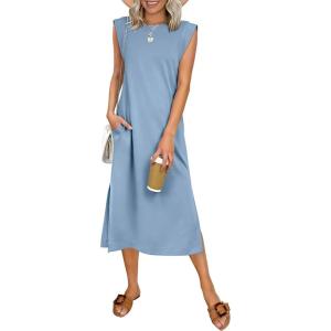 image:imageANRABESS Womens Summer Casual Midi Dress Sleeveless Crewneck Loose Split WrinkleFree Beach Travel Vacation Long SundressLight Blue