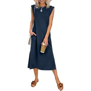 image:imageANRABESS Womens Summer Casual Midi Dress Sleeveless Crewneck Loose Split WrinkleFree Beach Travel Vacation Long SundressNavy Blue