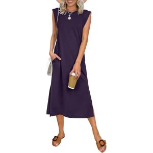 image:imageANRABESS Womens Summer Casual Midi Dress Sleeveless Crewneck Loose Split WrinkleFree Beach Travel Vacation Long SundressPurple