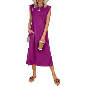 image:imageANRABESS Womens Summer Casual Midi Dress Sleeveless Crewneck Loose Split WrinkleFree Beach Travel Vacation Long SundressPurple Red
