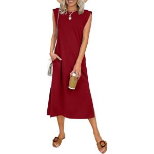 image:imageANRABESS Womens Summer Casual Midi Dress Sleeveless Crewneck Loose Split WrinkleFree Beach Travel Vacation Long SundressRed