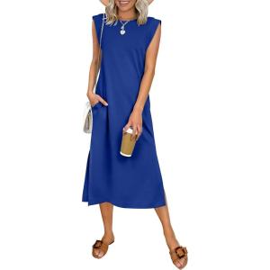 image:imageANRABESS Womens Summer Casual Midi Dress Sleeveless Crewneck Loose Split WrinkleFree Beach Travel Vacation Long SundressRoyal Blue