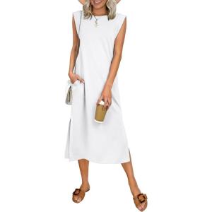 image:imageANRABESS Womens Summer Casual Midi Dress Sleeveless Crewneck Loose Split WrinkleFree Beach Travel Vacation Long SundressWhite