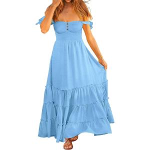 image:imageANRABESS Womens Summer Casual Off The Shoulder Maxi Long Dress 2026 Smocked Ruffle Strap Backless Flowy Tiered Beach SundressBright Blue