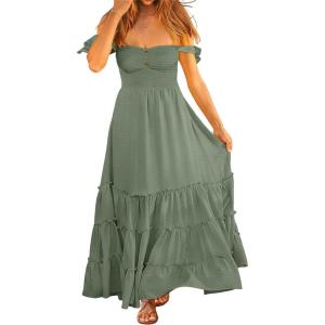 image:imageANRABESS Womens Summer Casual Off The Shoulder Maxi Long Dress 2026 Smocked Ruffle Strap Backless Flowy Tiered Beach SundressLight Green